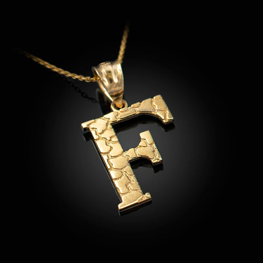 Gold Nugget Alphabet Initial Letter "F" Pendant Necklace (yellow, white, rose gold) Karma Blingz