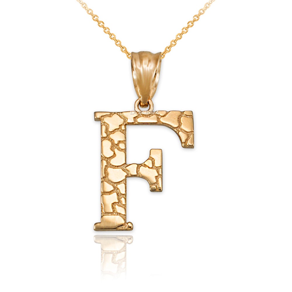 Gold Nugget Alphabet Initial Letter "F" Pendant Necklace (yellow, white, rose gold) Karma Blingz