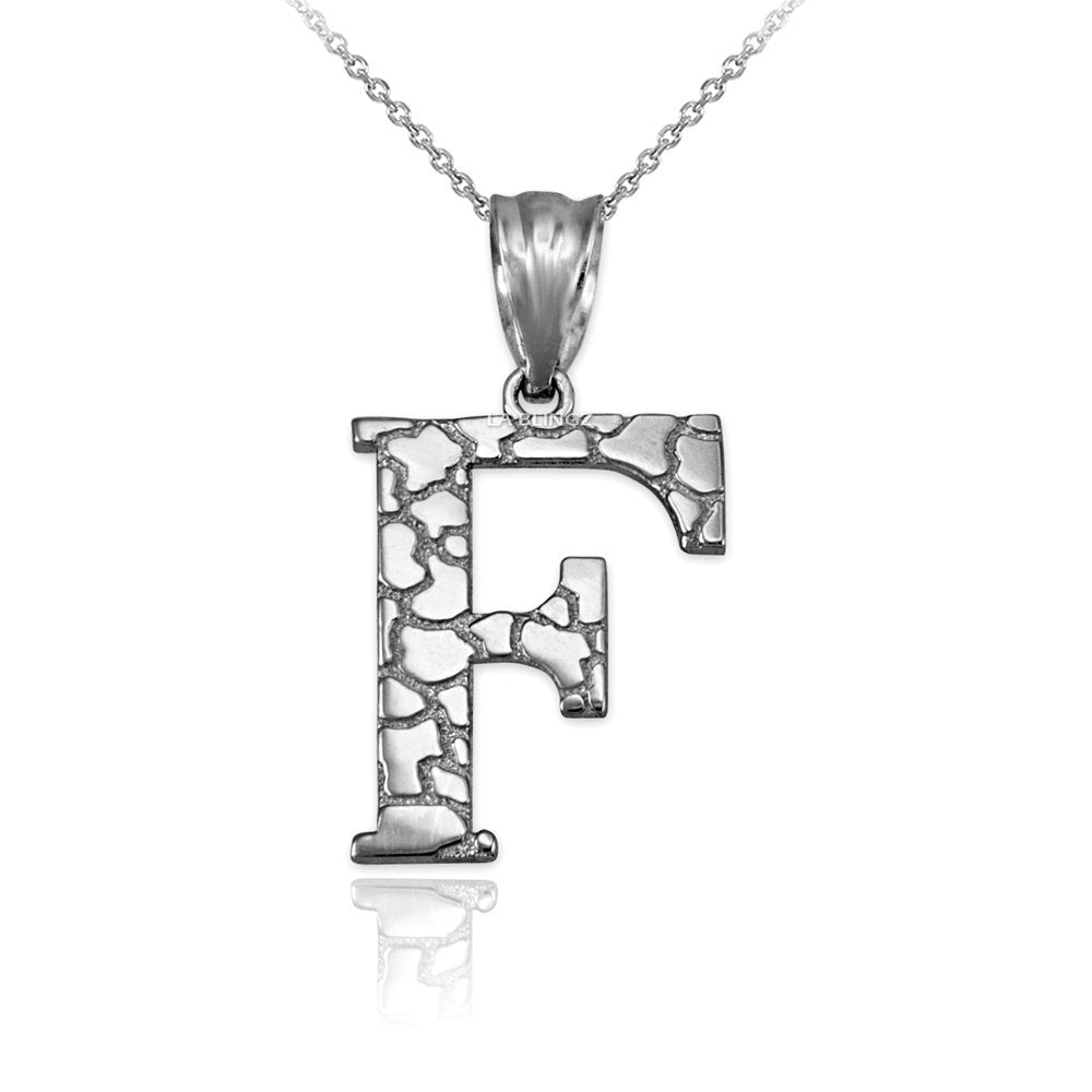 Sterling Silver Nugget Alphabet Initial Letter "F" Pendant Necklace Karma Blingz