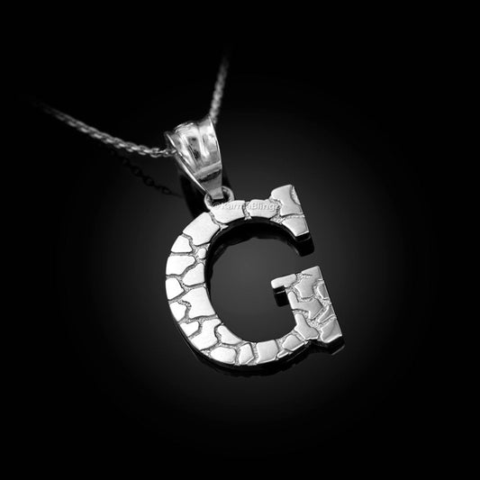 Sterling Silver Nugget Alphabet Initial Letter "G" Pendant Necklace Karma Blingz