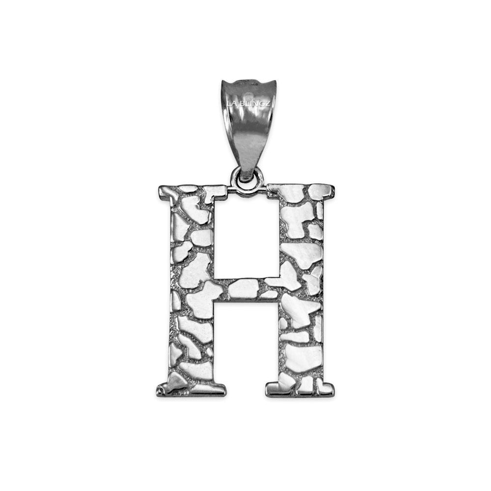 Sterling Silver Nugget Alphabet Initial Letter "H" Pendant Necklace Karma Blingz