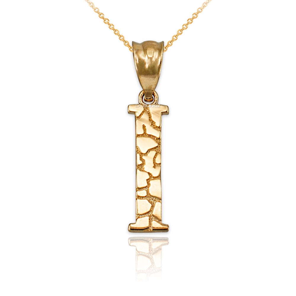 Gold Nugget Alphabet Initial Letter "I" Pendant Necklace (yellow, white, rose gold) Karma Blingz