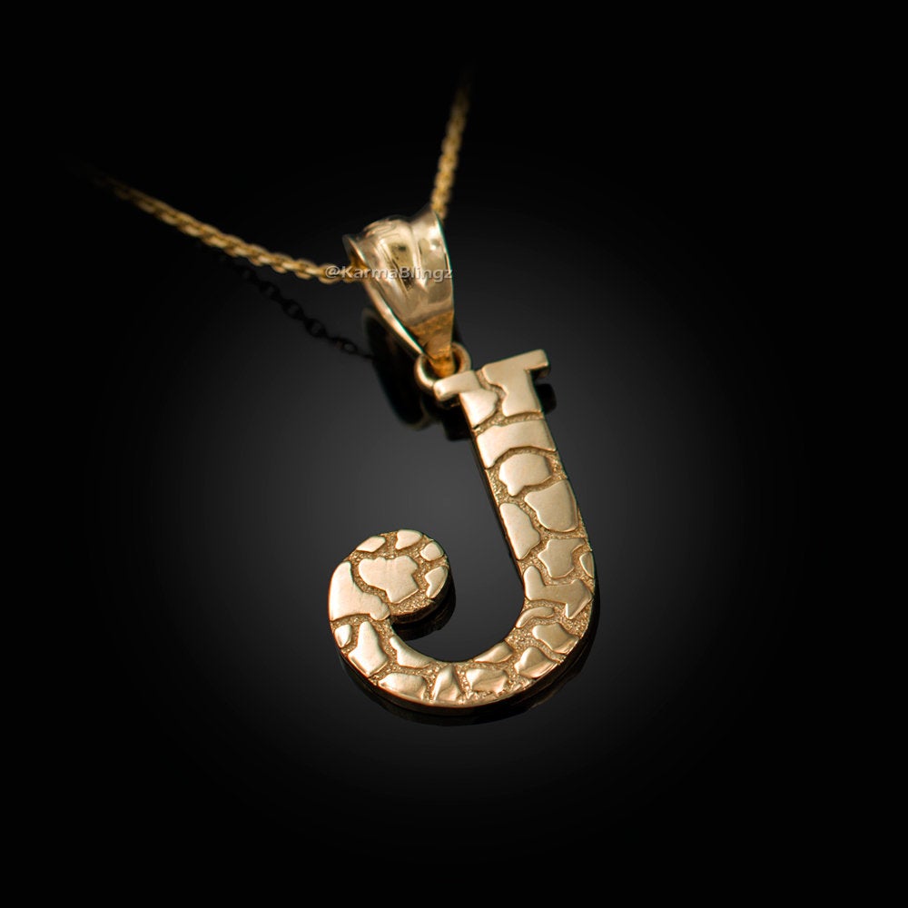 Gold Nugget Alphabet Initial Letter "J" Pendant Necklace (yellow, white, rose gold) Karma Blingz