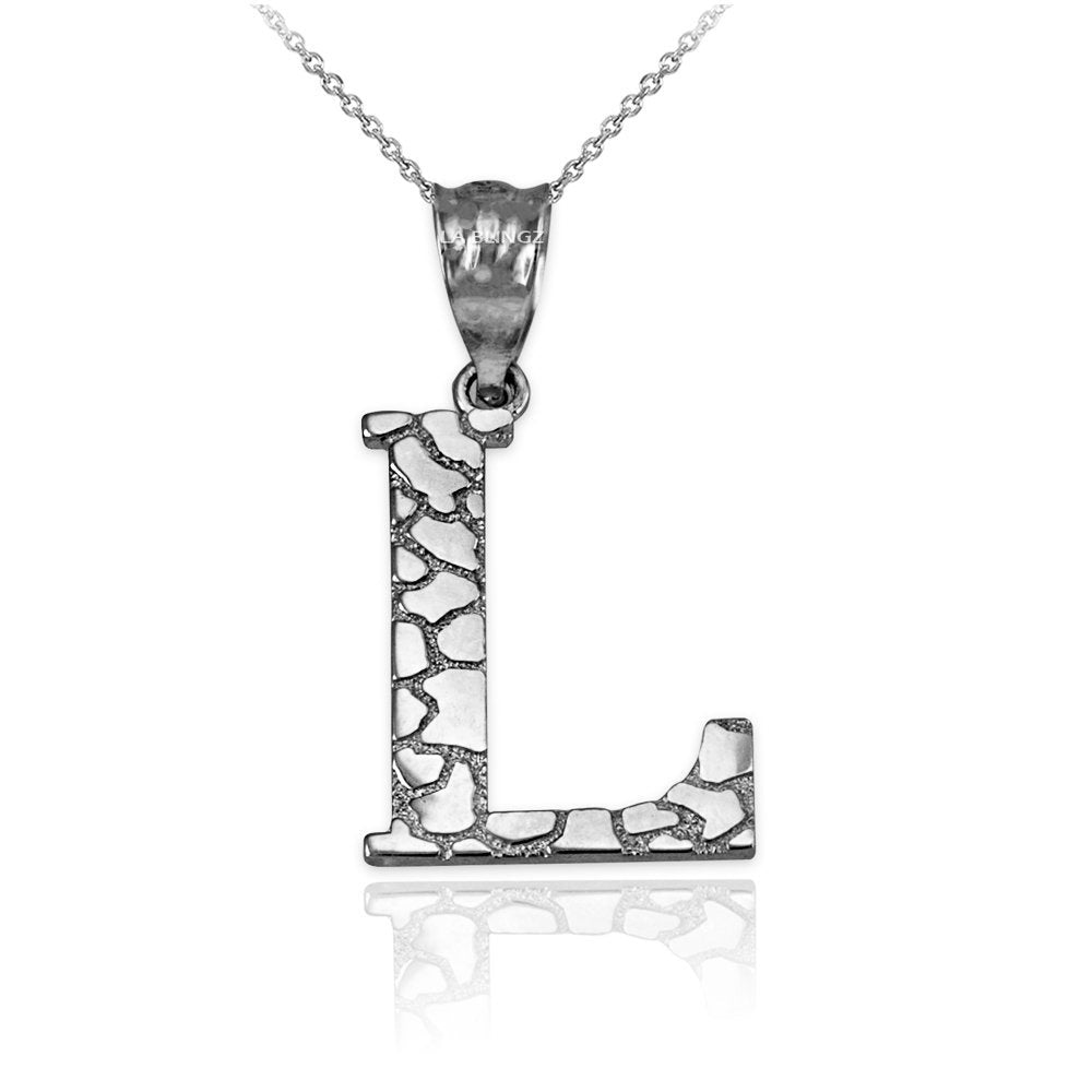 Sterling Silver Nugget Alphabet Initial Letter "L" Pendant Necklace Karma Blingz