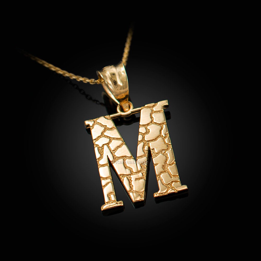 Gold Nugget Alphabet Initial Letter "M" Pendant Necklace (yellow, white, rose gold) Karma Blingz