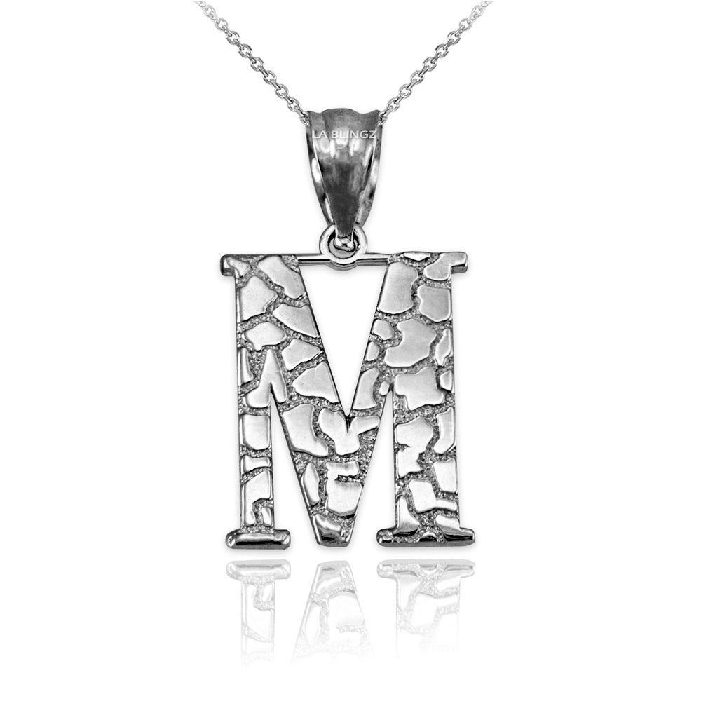 Sterling Silver Nugget Alphabet Initial Letter "M" Pendant Necklace Karma Blingz