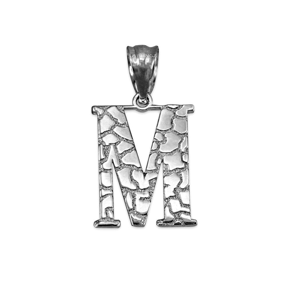Sterling Silver Nugget Alphabet Initial Letter "M" Pendant Necklace Karma Blingz