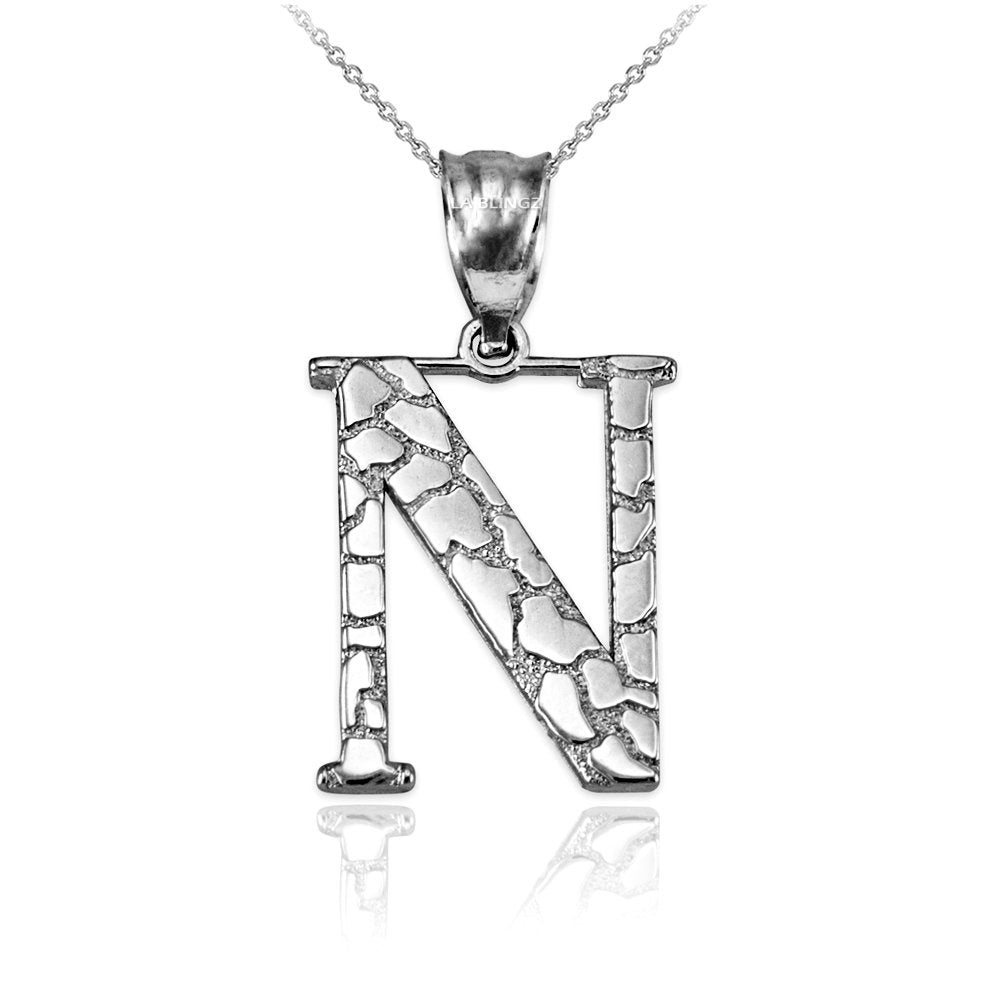 Sterling Silver Nugget Alphabet Initial Letter "N" Pendant Necklace Karma Blingz