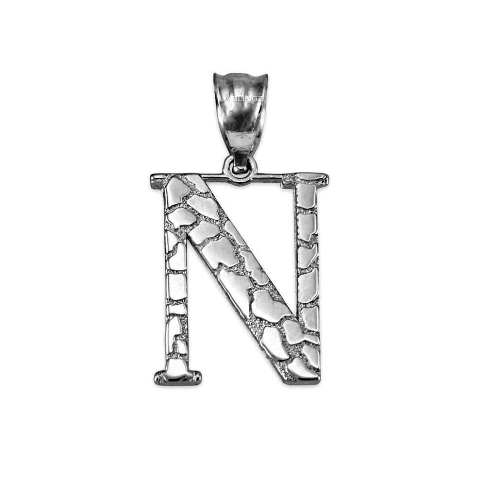 Sterling Silver Nugget Alphabet Initial Letter "N" Pendant Necklace Karma Blingz