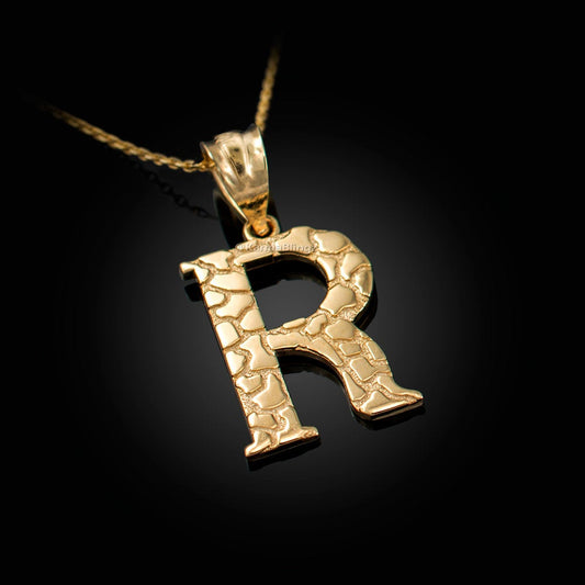 Gold Nugget Alphabet Initial Letter "R" Pendant Necklace (yellow, white, rose gold) Karma Blingz