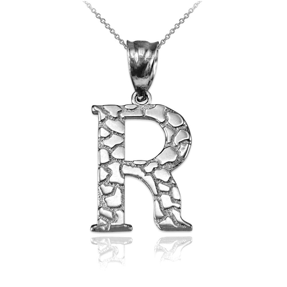 Sterling Silver Nugget Alphabet Initial Letter "R" Pendant Necklace Karma Blingz