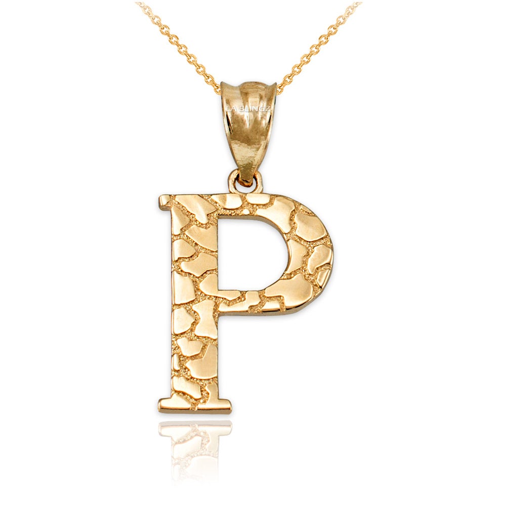 Gold Nugget Alphabet Initial Letter "P" Pendant Necklace (yellow, white, rose gold) Karma Blingz