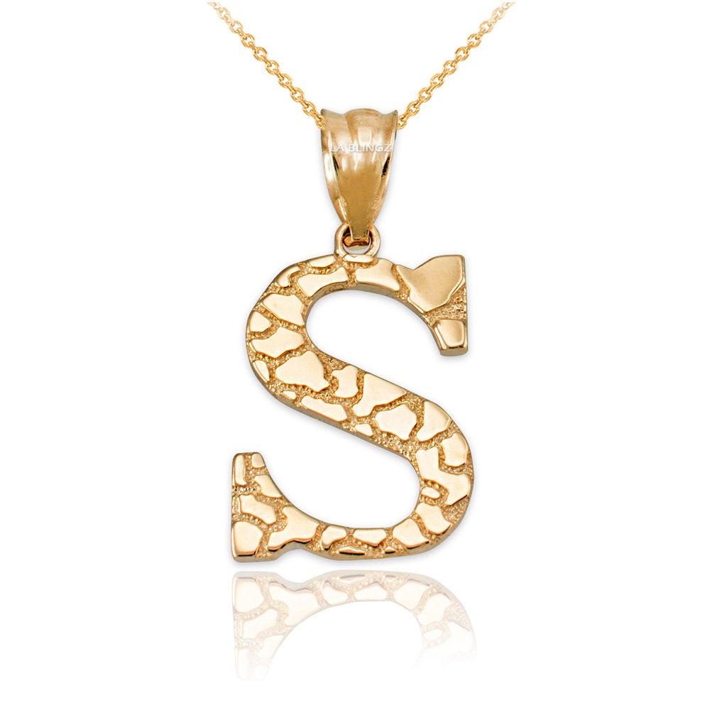 Gold Nugget Alphabet Initial Letter "S" Pendant Necklace (yellow, white, rose gold) Karma Blingz