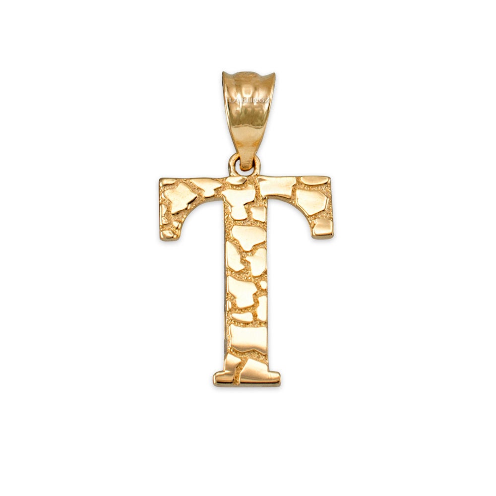 Gold Nugget Alphabet Initial Letter "T" Pendant Necklace (yellow, white, rose gold) Karma Blingz