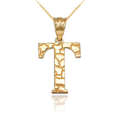 Gold Nugget Alphabet Initial Letter "T" Pendant Necklace (yellow, white, rose gold) Karma Blingz