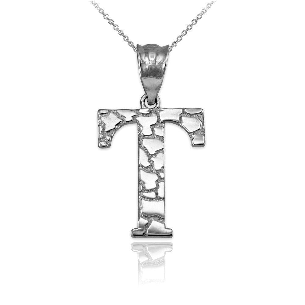 Sterling Silver Nugget Alphabet Initial Letter "T" Pendant Necklace Karma Blingz