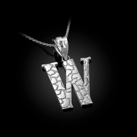 Sterling Silver Nugget Alphabet Initial Letter "W" Pendant Necklace Karma Blingz