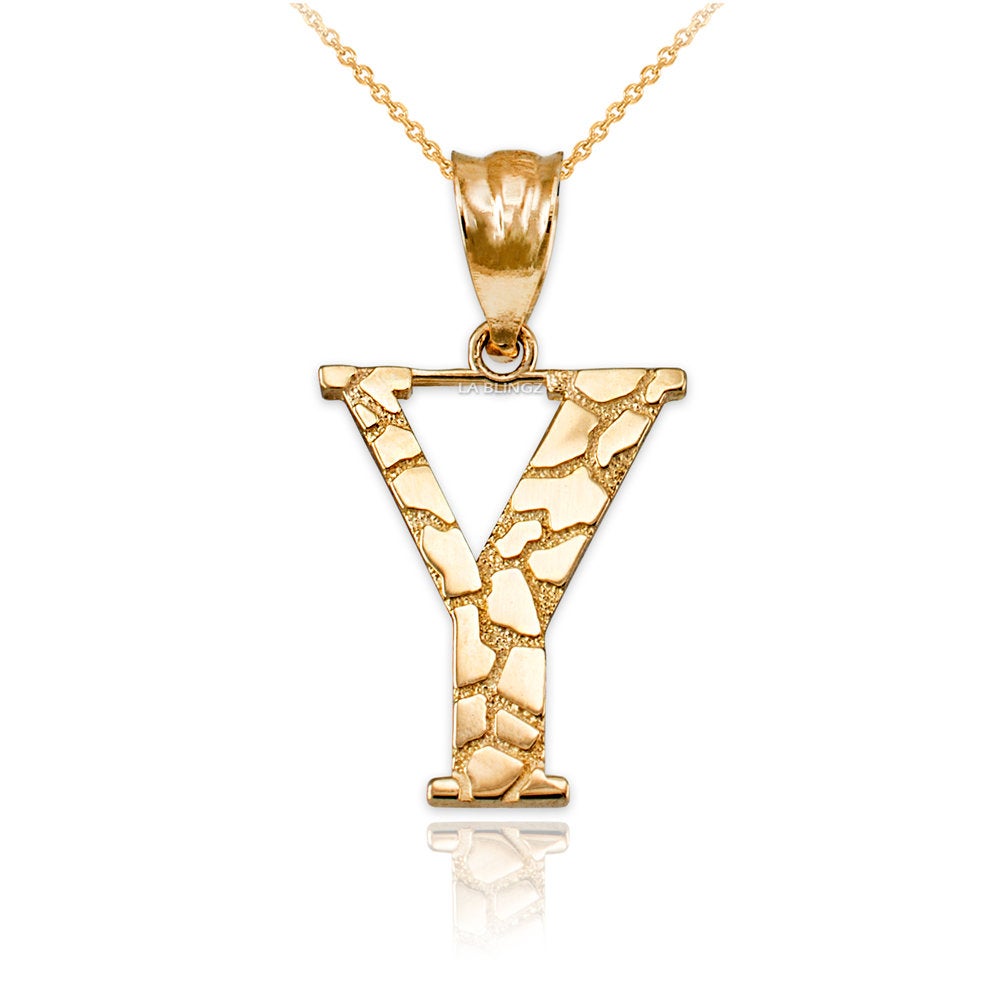 Gold Nugget Alphabet Initial Letter "Y" Pendant Necklace (yellow, white, rose gold) Karma Blingz