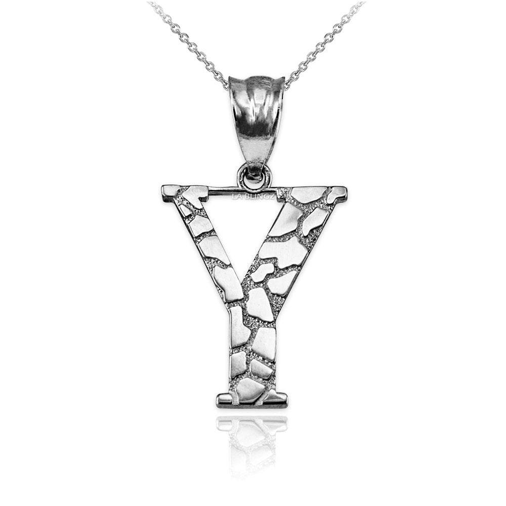 Sterling Silver Nugget Alphabet Initial Letter "Y" Pendant Necklace Karma Blingz