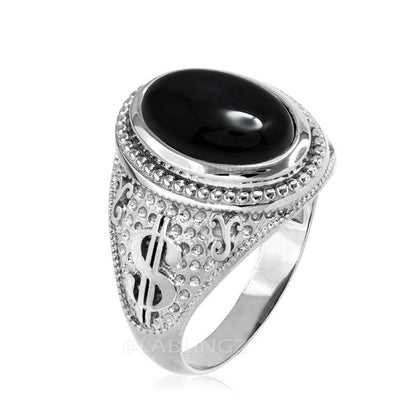 Sterling Silver Cash Money Dollar Sign Black Onyx Gemstone Ring Karma Blingz