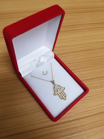 Diamond Studded Gold Hamsa Evil Eye Pendant Necklace (10k, 14k, yellow, white, rose gold) Karma Blingz