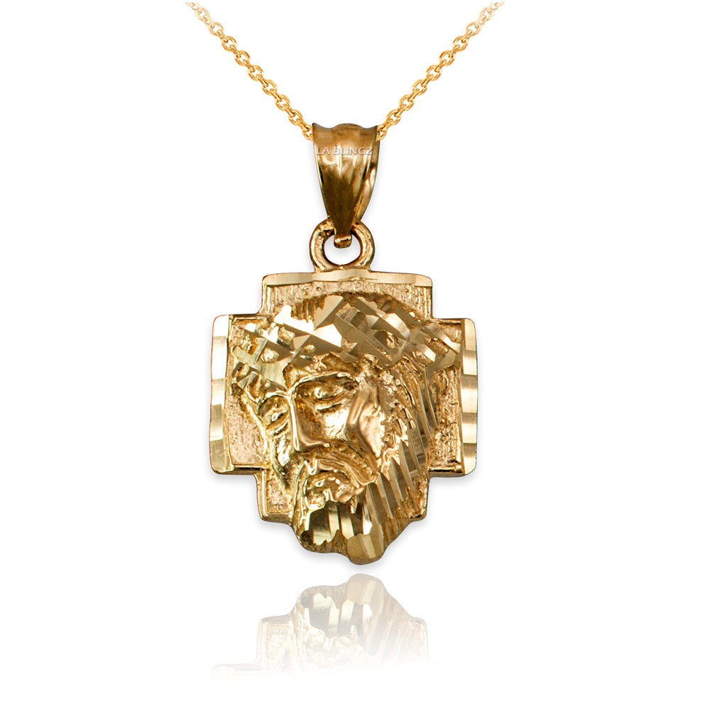 Gold Jesus Face Cross DC Charm Necklace (10K, 14K, yellow, white, rose gold) Karma Blingz