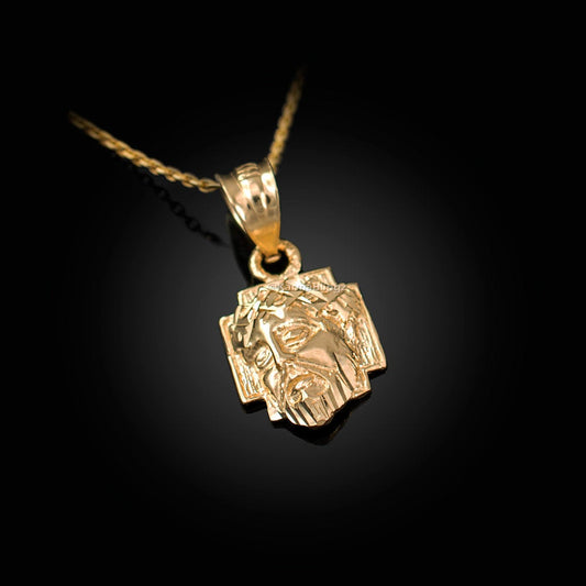 Gold Tiny Jesus Face Cross DC Charm Necklace (10K, 14K, yellow, white, rose gold) Karma Blingz