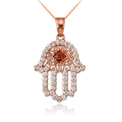 Diamond Studded Gold Filigree Genuine Garnet Hamsa Charm Necklace (10k, 14k, yellow, white, rose gold) Karma Blingz
