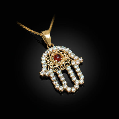 Diamond Studded Gold Filigree Genuine Garnet Hamsa Charm Necklace (10k, 14k, yellow, white, rose gold) Karma Blingz