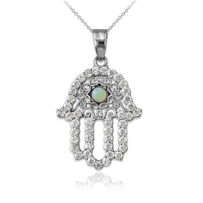 Diamond Studded Gold Filigree White Opal Hamsa Charm Necklace (10k, 14k, yellow, white, rose gold) Karma Blingz