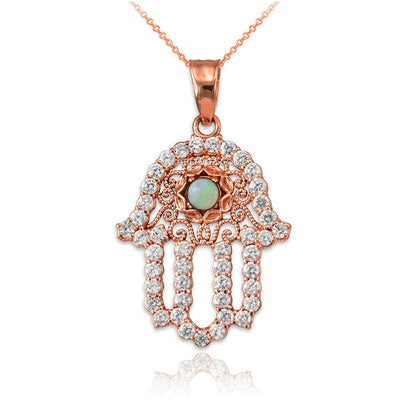 Diamond Studded Gold Filigree White Opal Hamsa Charm Necklace (10k, 14k, yellow, white, rose gold) Karma Blingz