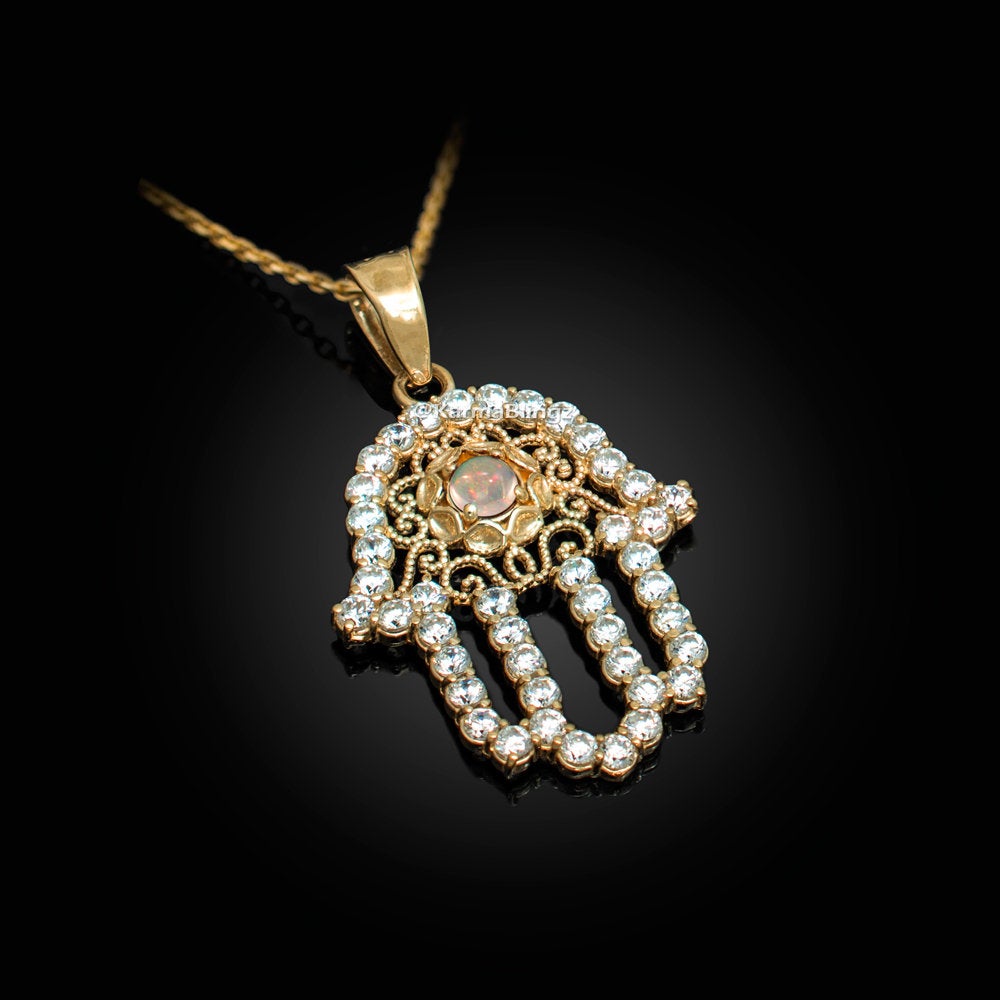 Diamond Studded Gold Filigree White Opal Hamsa Charm Necklace (10k, 14k, yellow, white, rose gold) Karma Blingz