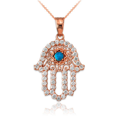 Diamond Studded Gold Filigree Turquoise Hamsa Charm Necklace (10k, 14k, yellow, white, rose gold) Karma Blingz