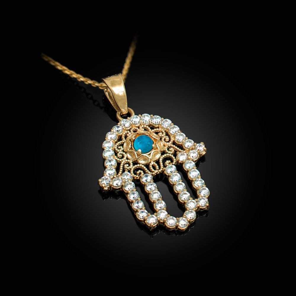 Diamond Studded Gold Filigree Turquoise Hamsa Charm Necklace (10k, 14k, yellow, white, rose gold) Karma Blingz