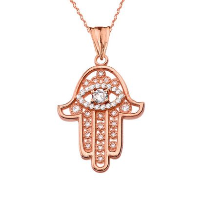 Diamond Studded Gold Hamsa Evil Eye Pendant Necklace (10k, 14k, yellow, white, rose gold) Karma Blingz