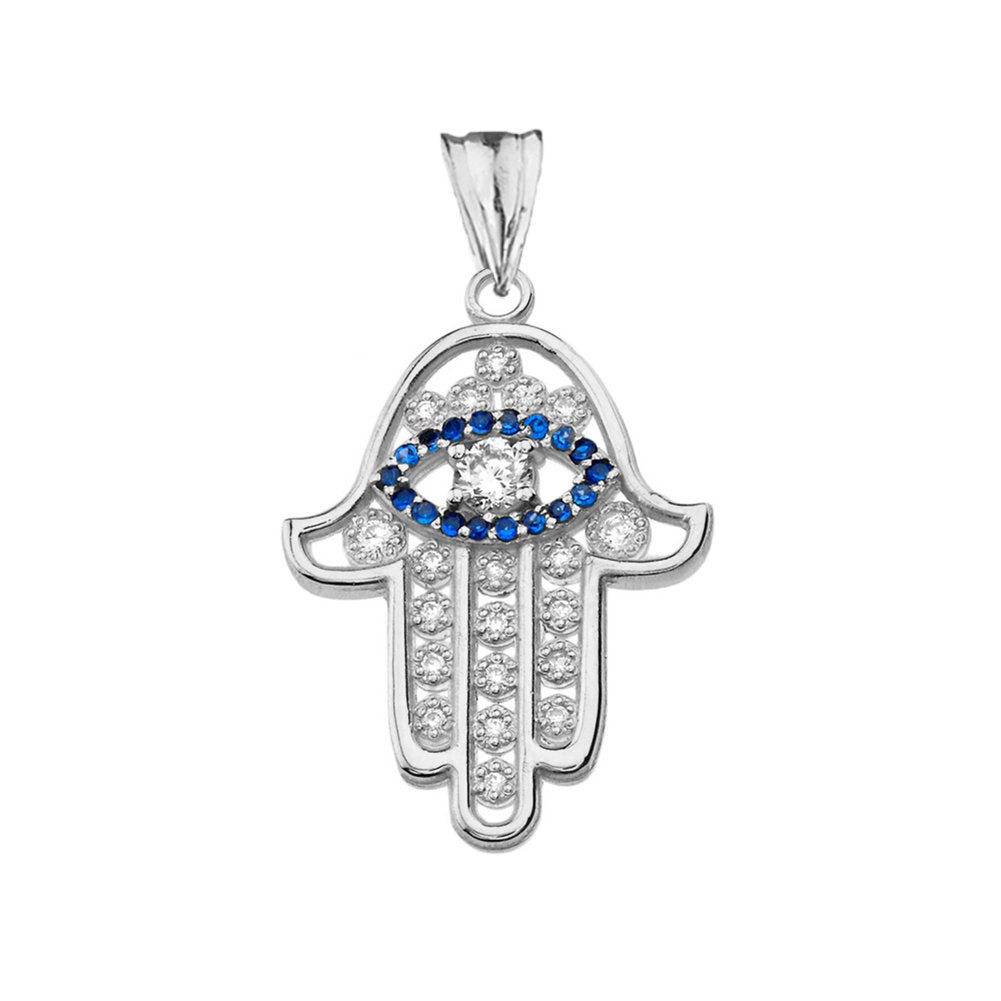 Diamond Studded Gold Hamsa Blue Sapphire Evil Eye Pendant Necklace (10k, 14k, yellow, white, rose gold) Karma Blingz