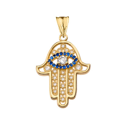 Diamond Studded Gold Hamsa Blue Sapphire Evil Eye Pendant Necklace (10k, 14k, yellow, white, rose gold) Karma Blingz
