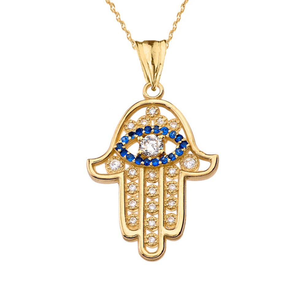 Diamond Studded Gold Hamsa Blue Sapphire Evil Eye Pendant Necklace (10k, 14k, yellow, white, rose gold) Karma Blingz