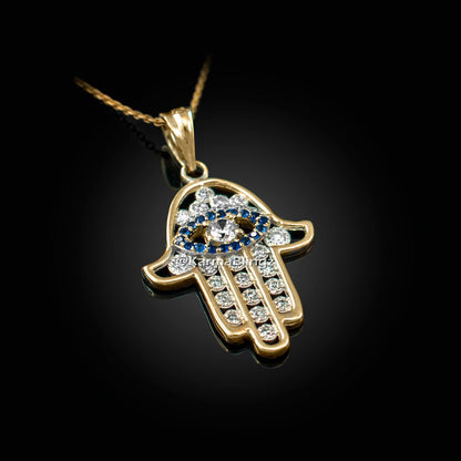 Diamond Studded Gold Hamsa Blue Sapphire Evil Eye Pendant Necklace (10k, 14k, yellow, white, rose gold) Karma Blingz