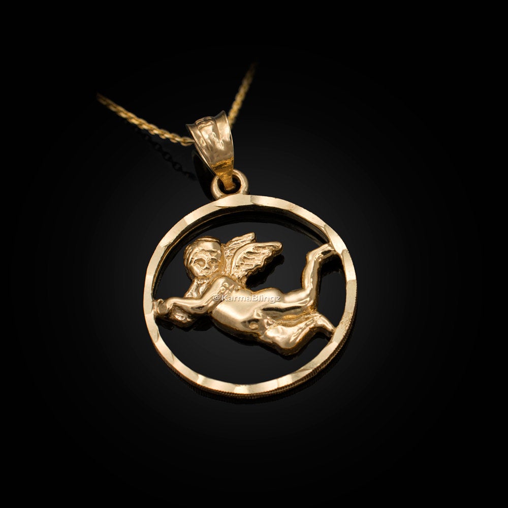 Gold Flying Angel Round DC Pendant Necklace (10K, 14K, yellow, white, rose gold) Karma Blingz