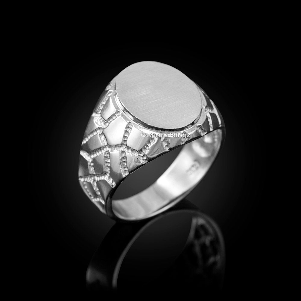 Mens Sterling Silver Nugget Oval Signet Ring Karma Blingz