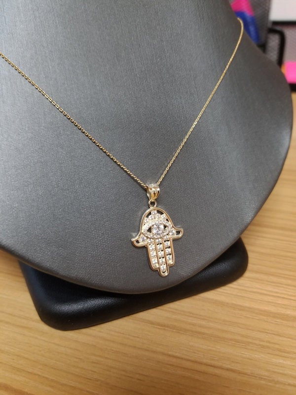 Diamond Studded Gold Hamsa Evil Eye Pendant Necklace (10k, 14k