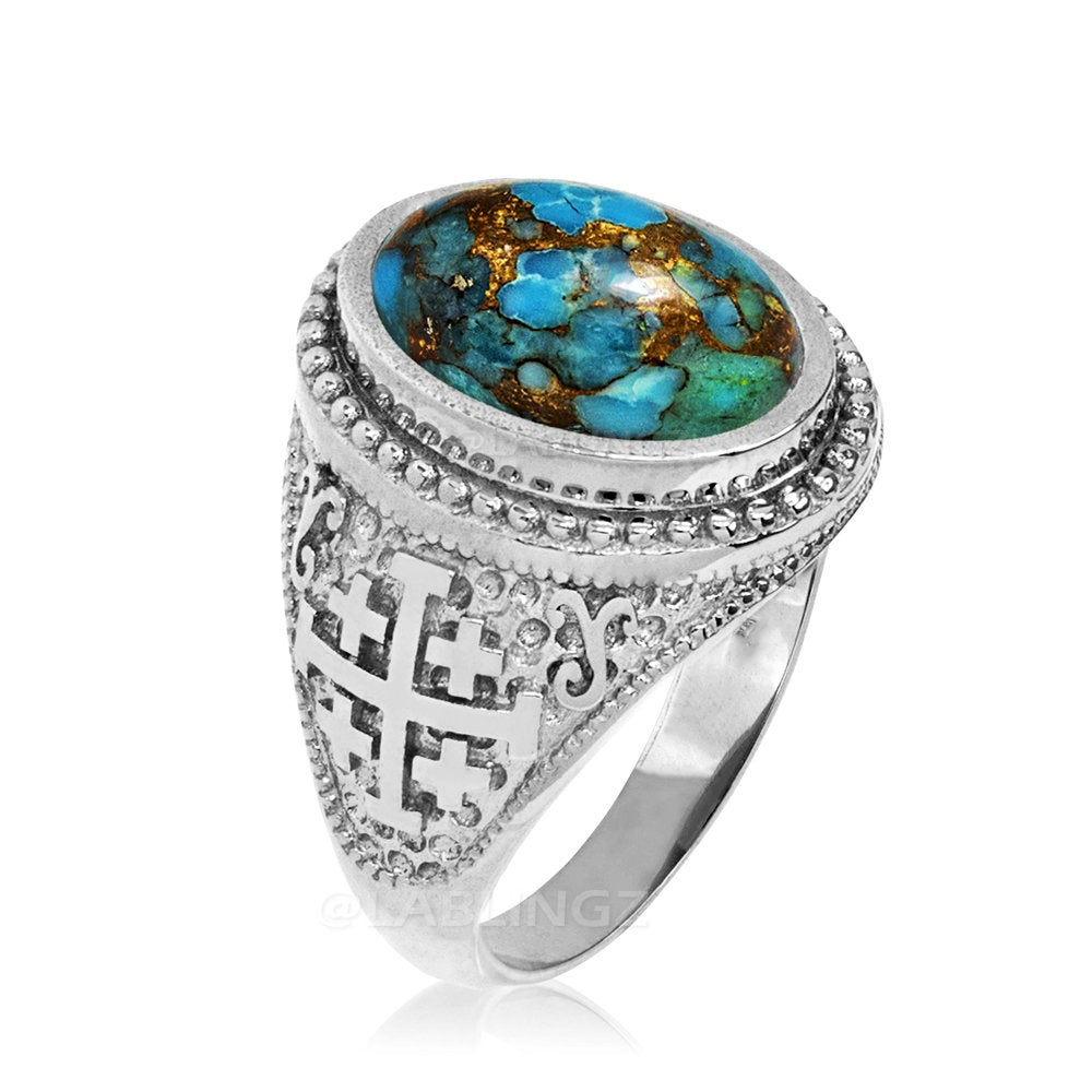 Sterling Silver Jerusalem Cross Blue Copper Turquoise Ring Karma Blingz
