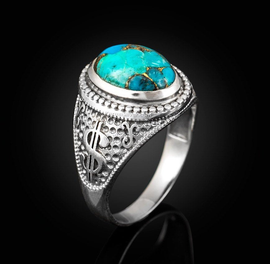 Sterling Silver Cash Money Dollar Sign Blue Copper Turquoise Ring Karma Blingz