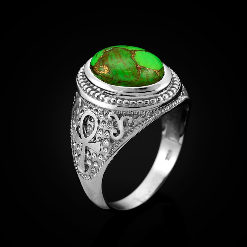 Sterling Silver Egyptian Ankh Cross Green Copper Turquoise Ring Karma Blingz