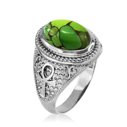 Sterling Silver Egyptian Ankh Cross Green Copper Turquoise Ring Karma Blingz