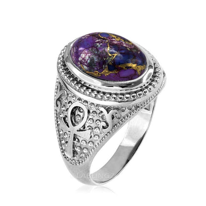 Sterling Silver Egyptian Ankh Cross Purple Copper Turquoise Ring Karma Blingz