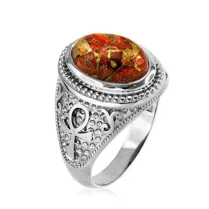 Sterling Silver Egyptian Ankh Cross Orange Copper Turquoise Ring Karma Blingz
