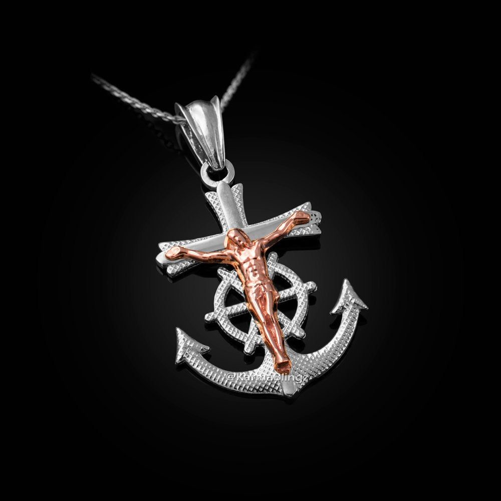 Two-Tone White and Rose Gold Mariner Crucifix Pendant Necklace (10K and 14K) Karma Blingz