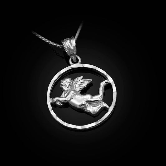 Sterling Silver Flying Angel Round DC Pendant Necklace Karma Blingz